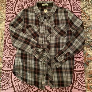 Blue-gray, black and pink plaid denim shirt by Junkfood